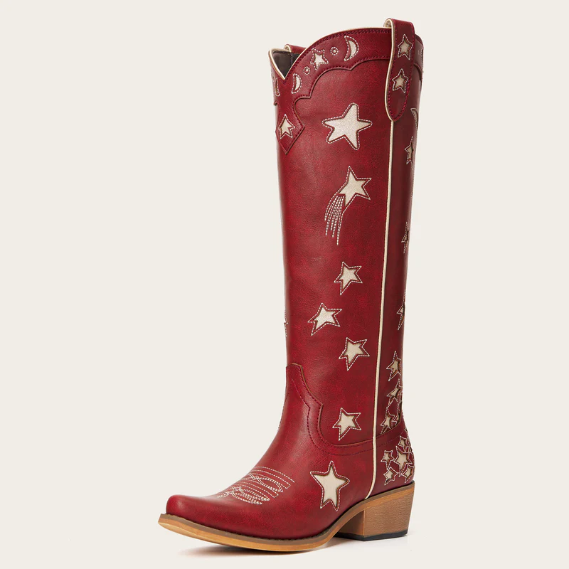 The Celestial – Fire Red Snip Toe Starry with Moon Cutout Tall Cowgirl Boots
