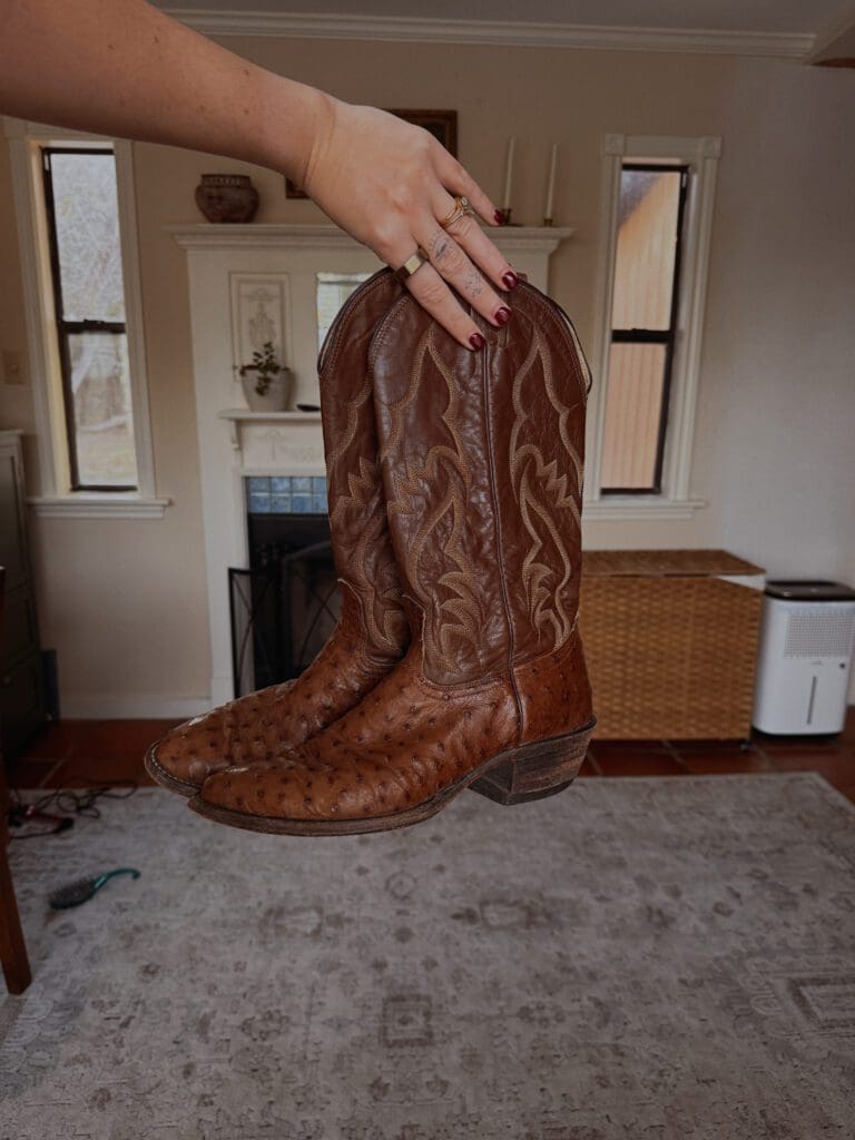 Thrifted ostrich skin cowboy boots vintage western fashion 2026 Texas
