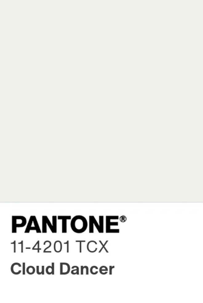 Pantone Cloud Dancer color chip, a spring 2026 trend color