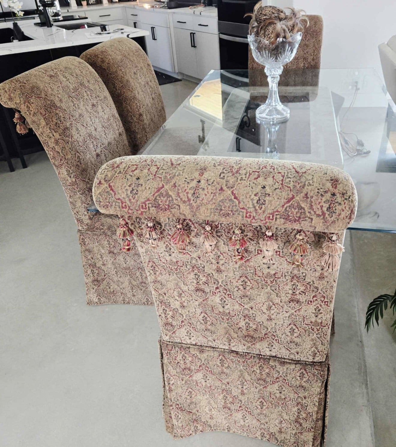 Skirted slipcovered dining chair in a tan paisley print, a Facebook Marketplace listing find