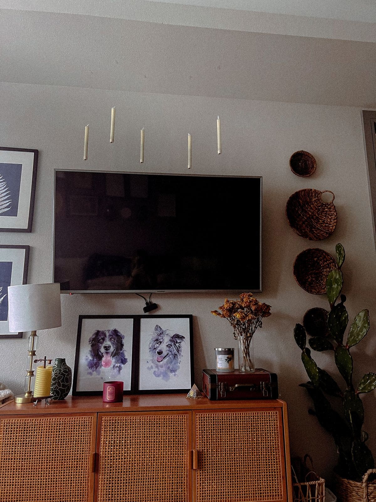 Living room TV and cane console styled with dried flowers, a lamp, wall baskets, and two Aussie watercolor portraits.